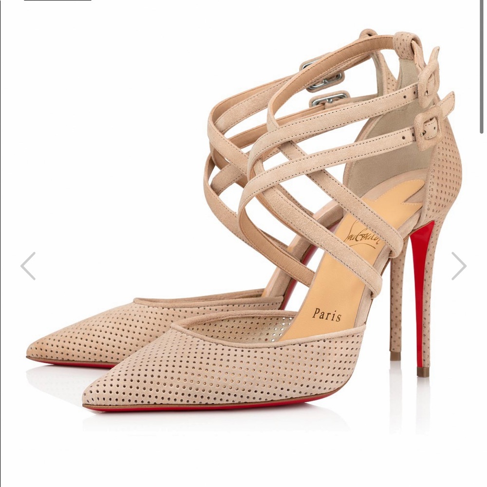 Christian Louboutin Victorilla-Tan Suede 100mm Perforated Red Sole Pumps-Sz 37.5